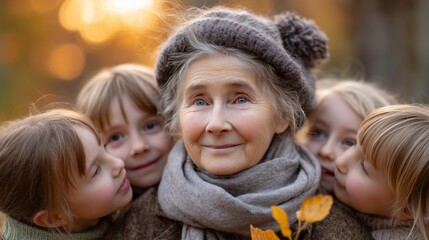 Cherished moments grandmother and granddaughters enjoy autumn in nature's embrace warm scene heartfelt connection