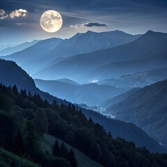 Full Moon Over Misty Mountains &ndash; Serene Night Landscape with Forest Silhouette