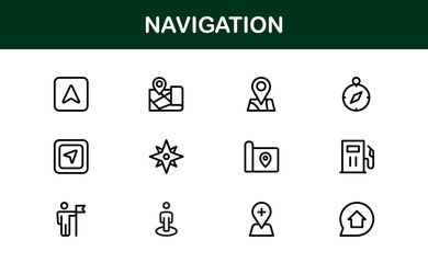 Vector Navigation Icons Collection Including Compass, Map Pins, GPS Markers, and Directional Symbols