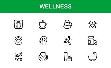 Vector Wellness Icons Collection Including Yoga, Mindfulness, Nutrition, and Relaxation Symbols