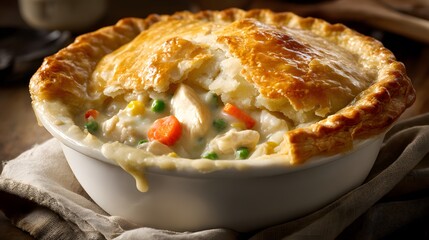 Classic chicken pot pie with golden flaky crust slightly cracked to reveal creamy filling with chunks of chicken, carrots, peas in a white ceramic dish, soft morning light capturing buttery crust 