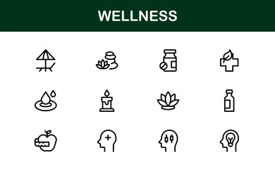 Vector Wellness Icons Collection Including Yoga, Mindfulness, Nutrition, and Relaxation Symbols