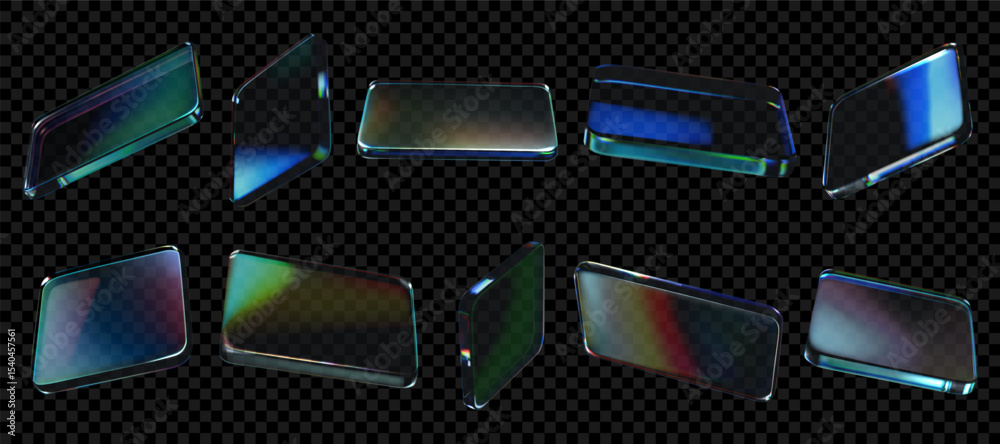Aufkleber 3D glass shape. Abstract transparent box. Holographic cube or gradient surface. Glow morphism effect. Geometric figure. Iridescent block angles. Plexiglass form. Vector elements set
