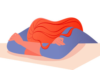 Female character bowed her head on her hands, fell asleep from exhaustion, at table, or crying, hiding her face. Concept of burnout at work, disrupted sleep schedule or moral, mental problems