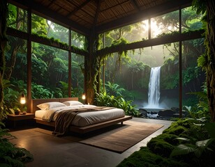 Forest Waterfall Retreat Bedroom, Hyper-Realistic Nature-Integrated Interior Design in 4K.