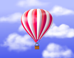 Fototapeta premium Hot air balloon. Aerial travel. Realistic airship in cloudy sky. Flying vehicle transportation. Ballooning flight. Floating aircraft. Basket with striped dome. Vector airy transport