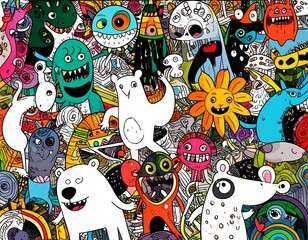 Monsters abstract doodle art pattern.
