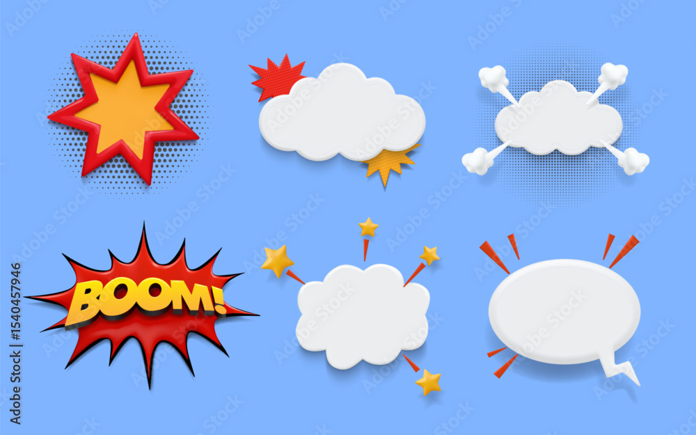 Poster 3d comic bubble. surprise bang. speech effect for sound. pop art text element. wow and boom explosio