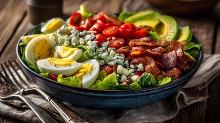 Colorful cobb salad with crisp romaine, ripe avocado slices, cherry tomatoes, hard-boiled eggs, crispy bacon, and blue cheese crumbles in a deep ceramic bowl, morning light accentuating fresh textures