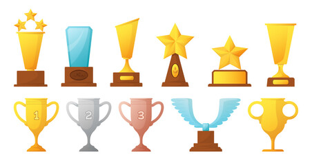 Winner cup. Glass golden and silver award. First second and bronze places prize. Winning ceremony isolated elements. Tournament and competition trophy. Vector cartoon isolated illustration