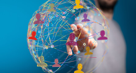 Image of a person interacting with a global network, representing connection and communication.