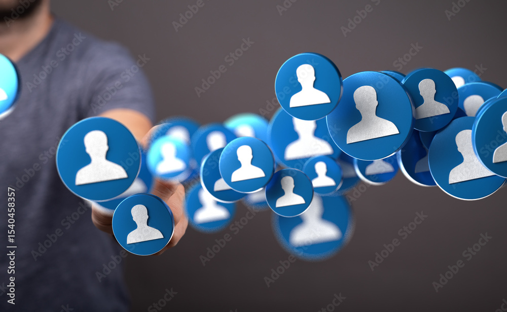 Aufkleber image of hands interacting with a digital network of profile icons, representing social media connec