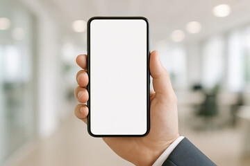 Innovation and communication drive progress as a professional holds a smartphone displaying a blank screen symbolizing opportunity in business environments