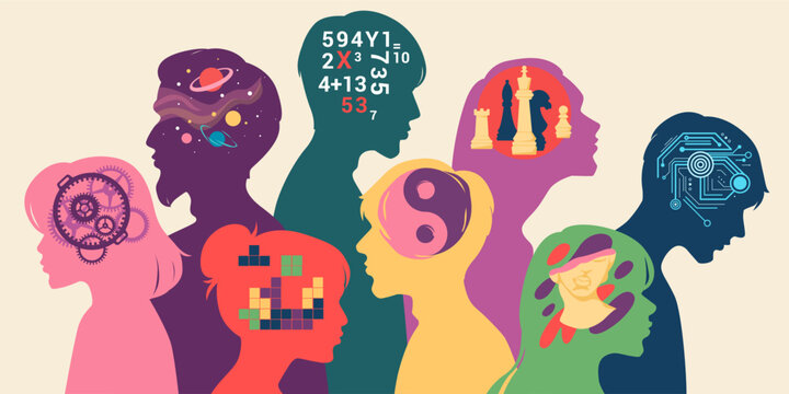 Autism person. ADHD brain mindset. Neurological profile. Human head color silhouette. Creative talent people. Rational and logical thinking. Mental personality. Vector psychology concept
