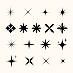 Minimalist Black Star Icons and Sparkle Symbols Pack in Retro Style.Vector set of black star icons featuring sparkle, twinkle, and burst shapes in various symmetrical and abstract styles