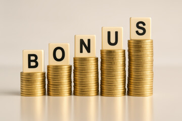 Growth and reward are symbolized by ascending stacks golden coins topped with letter blocks forming a business bonus theme