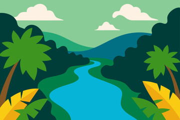Serene Tropical River Landscape Lush Green Foliage, Winding Waterway, and Rolling Hills