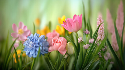 Vibrant arrangement of spring flowers in full bloom, featuring pink tulips, blue hyacinths, and yellow daffodils surrounded by lush green grass, evoking cheerful and serene atmosphere