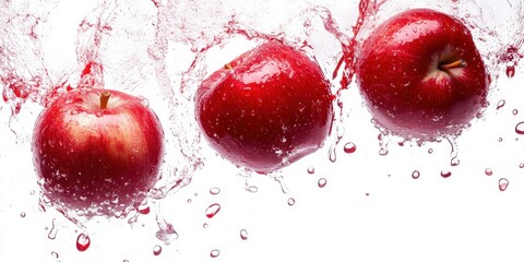 Red Apples in Splashing Water: Three vibrant red apples are captured mid-air, as they interact with splashing water droplets creating a refreshing and visually stunning effect.