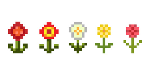 Pixel Art Flowers Set in Retro 8 Bit Style. Set of colorful pixelated flowers in retro style featuring red, yellow, white, and pink blooms with green stems on a white background. Vector illustration