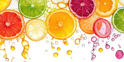 Vibrant Citrus Symphony: A captivating composition of fresh, juicy citrus fruit slices, bursts of colors and textures. This image is a refreshing ode to nature's palette.