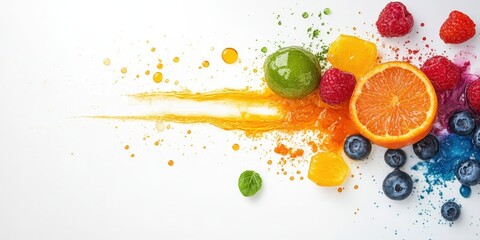 Vibrant Fruit Burst: A colorful assortment of fresh fruits explodes with artistic flair, presenting a visually stunning representation of nature's delicious offerings.