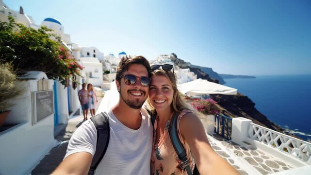 Smiling young couple filming themselves during a summer vacation in Santorini, Greece