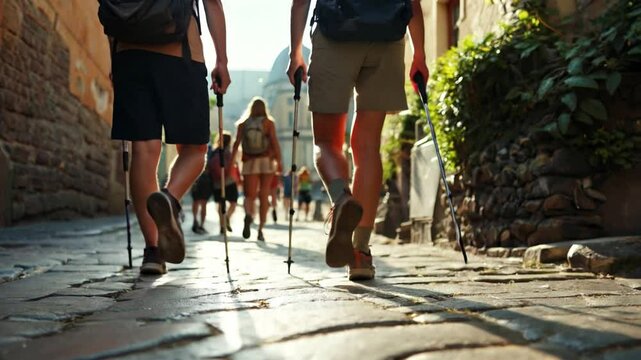 People walking along the path to Santiago de Compostela in Spain, Europe. Focus on people's legs with trail sticks.