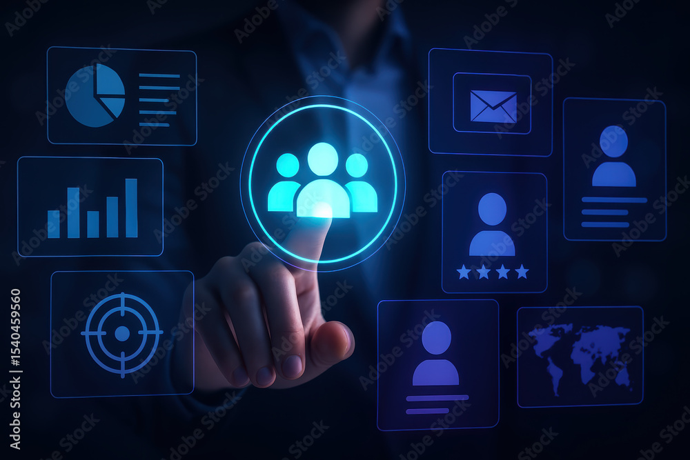 Poster a business professional interacts with a futuristic interface displaying data analysis user profiles