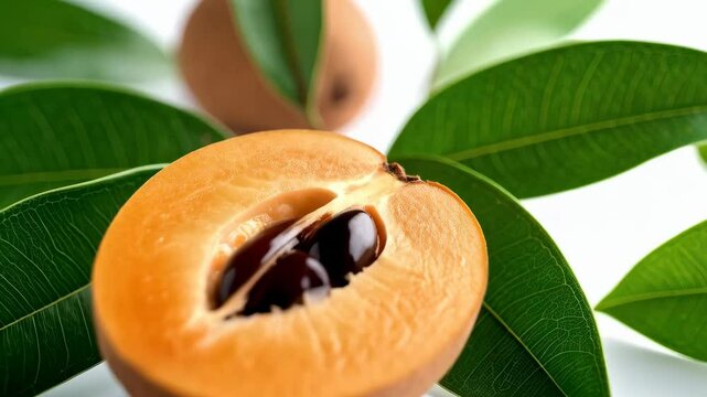 Close up view of a halved sapodilla fruit displaying the brown skin, pulpy flesh, and shiny black seeds amongst vibrant green leaves on white backdrop.