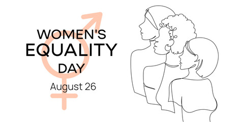 Minimalist line art banner for Women's Equality Day on August 26 featuring diverse female profiles and gender equality symbol, for awareness campaigns, social media posts, posters.Vector illustration