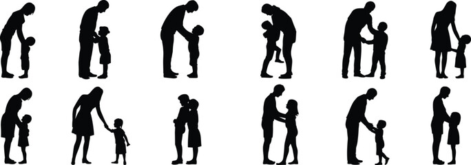 Diverse Parent and Child Silhouette Collection: Black and White Figures Depicting Family Bonds, Love, and Guidance in Various Interactions