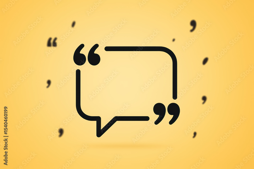 Poster communication flows dynamically through minimalist speech bubbles and stylized quotation marks symbo
