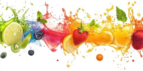 Rainbow Cascade: A vibrant composition showcases an array of fresh fruits bursting with color, forming a dynamic and visually stunning rainbow-like cascade.