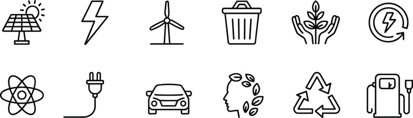 Clean Energy and Sustainability Icon Set: Linear Symbols Representing Renewable Power, Recycling, Electric Vehicles, and Environmental Responsibility Initiatives