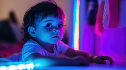 Baby girl lying on table, illuminated by vibrant neon lights, curious expression.