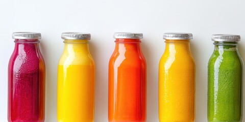 Vibrant Juice Array: An overhead shot of colorful, nutritious juice bottles, brimming with vibrant colors and freshness. showcasing healthy lifestyle and wellness.