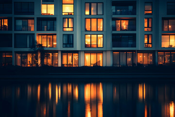 Modern apartment building with warmly lit windows reflected in tranquil water at dusk