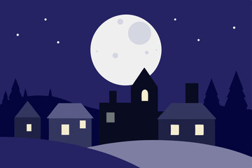 Naklejka premium Serene Night Moonlit Village Landscape Illustration
