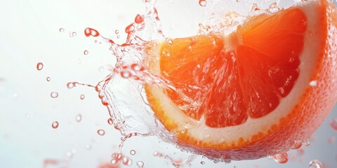 Fresh Orange Slice: Capturing the essence of vitality, a juicy orange slice bursts through the air, its vibrant flesh juxtaposed against a background of splashing water, celebrating refreshment.