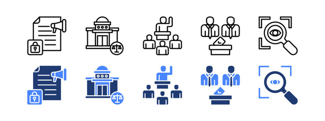 Democracy icon set with Free press, Legislature, Representation, Elections, Transparency.