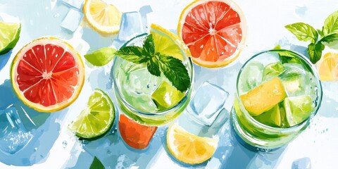 Refreshing Citrus Cocktails: Top-down shot of chilled cocktails, garnished with fresh citrus fruits and mint, promising a moment of cool refreshment on a bright sunny day. 