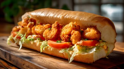 Crispy shrimp po&rsquo; boy sandwich with fried shrimp, shredded lettuce, tomato slices, and remoulade sauce in a soft French roll, bright daylight emphasizing crunchy shrimp texture and soft bun