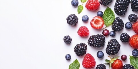 Berry Bonanza: An artful collection of plump and juicy blackberries, raspberries, blueberries, and strawberries arranged together, each bursting with natural flavor.