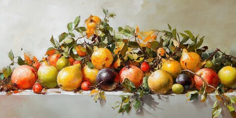 Still Life: A bountiful and appetizing assortment of vibrant fruit, artistically arranged with fresh green leaves, creating a visually rich and appealing composition. 