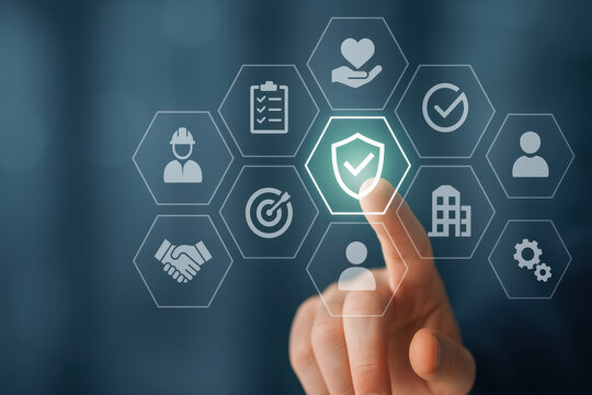 A close-up a interacting with a futuristic interface highlights protection and achievement in business processes and teamwork - Powered by Adobe