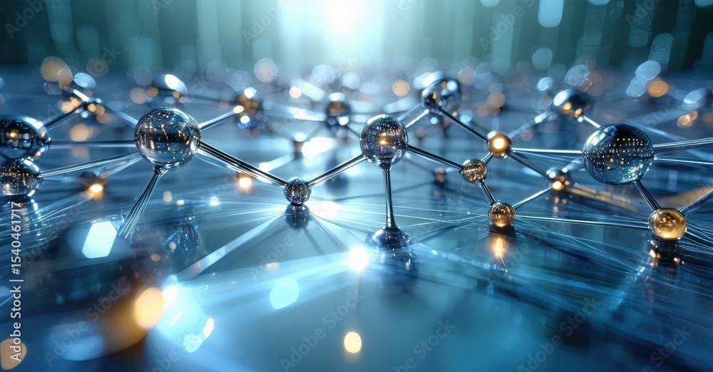 Poster abstract network illustration. glowing spheres connected by lines suggest data flow, technology, inn