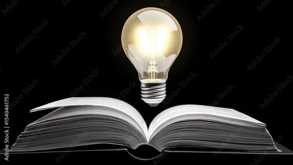 Poster enlightened text: a glowing light bulb hovers above an open book. an inspirational image symbolizing
