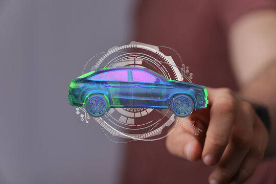 Innovative technology showcasing a 3D car model.  Perfect for automotive, tech, and innovation concepts.