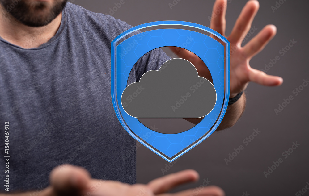 Poster Image of a man safeguarding a cloud icon, symbolizing secure cloud data protection and cybersecurity.